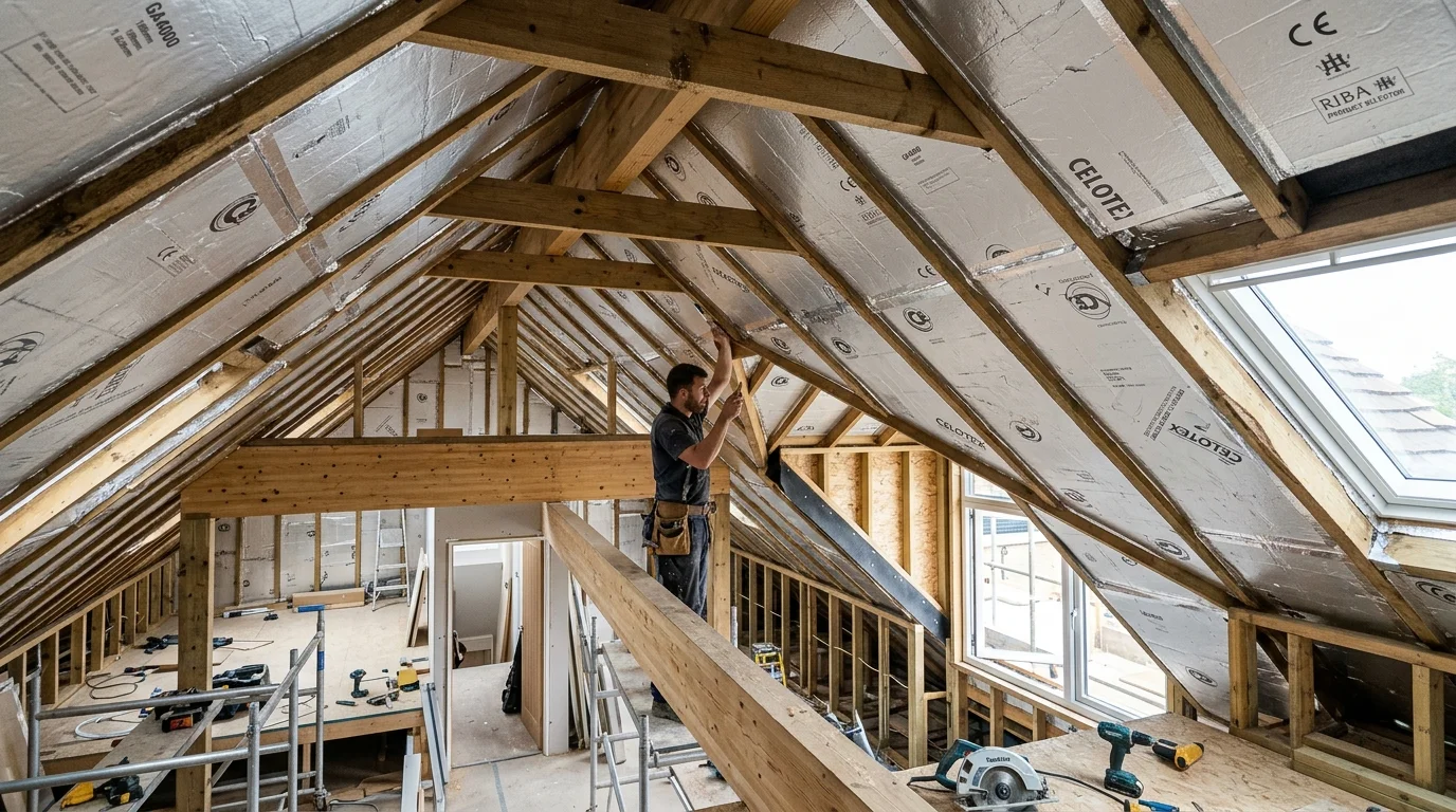 Silver foil-backed PIR rigid insulation boards fitted between timber rafters in loft conversion
