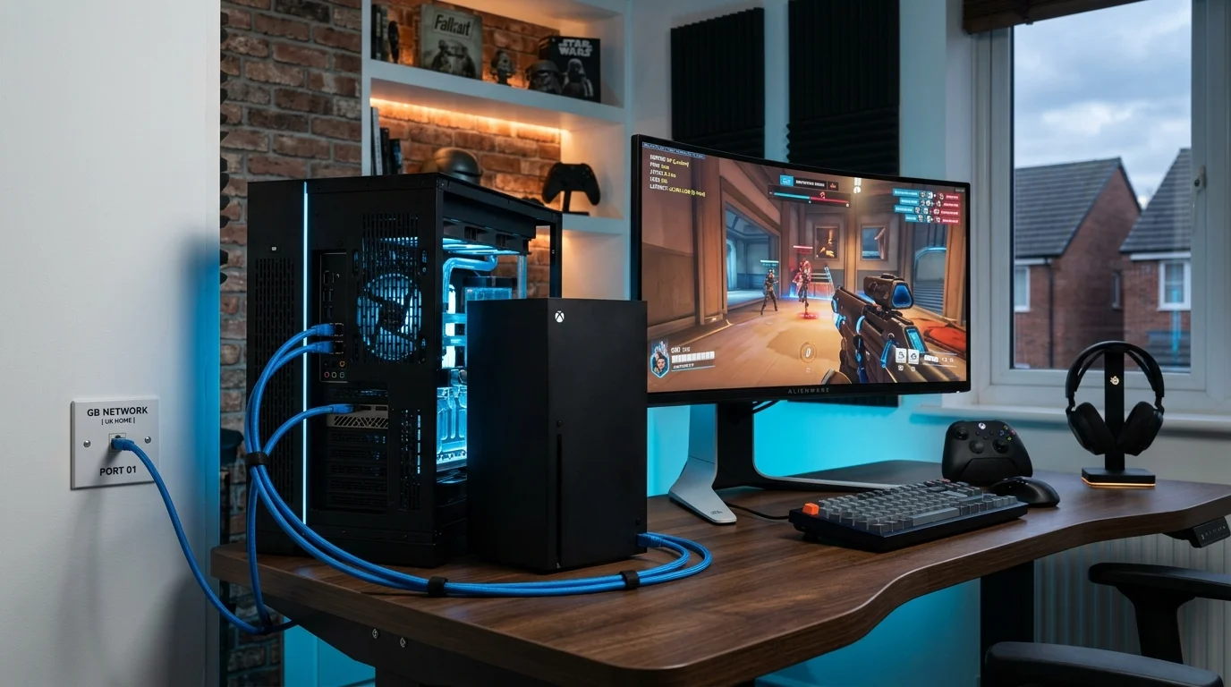 High-speed direct Cat6A Ethernet connection into Xbox Series X and custom gaming workstation