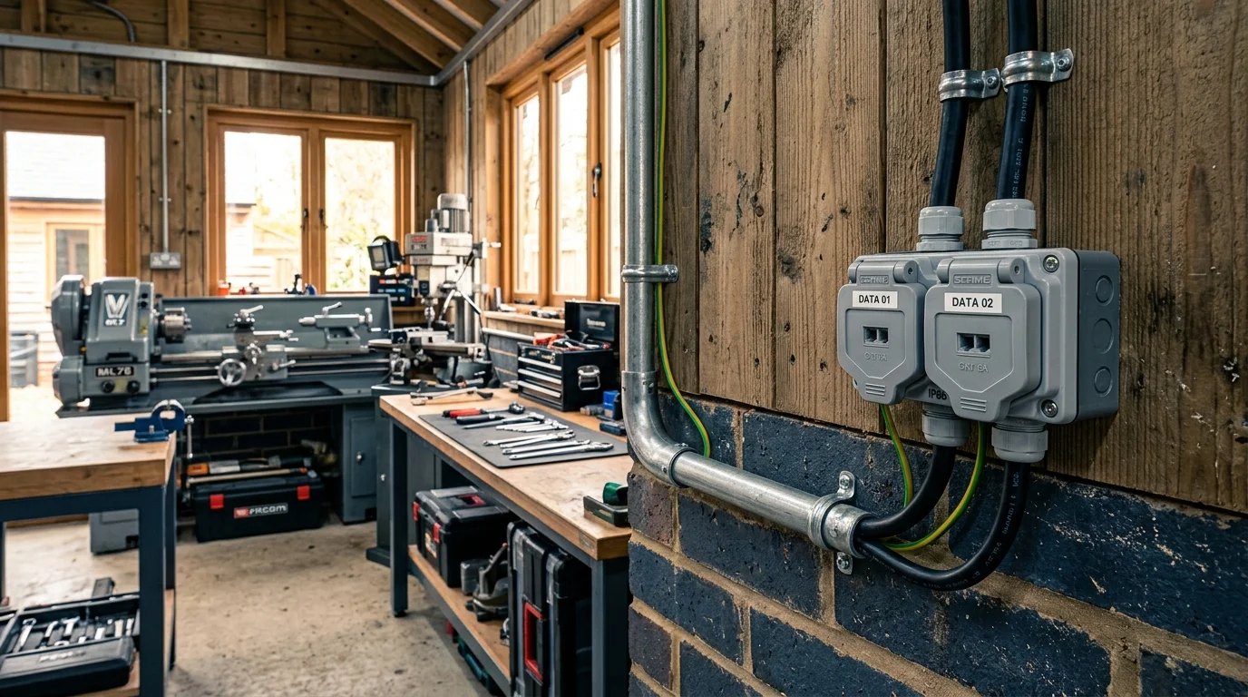 Workshop and garage data cabling with galvanized steel conduit and IP66 sockets
