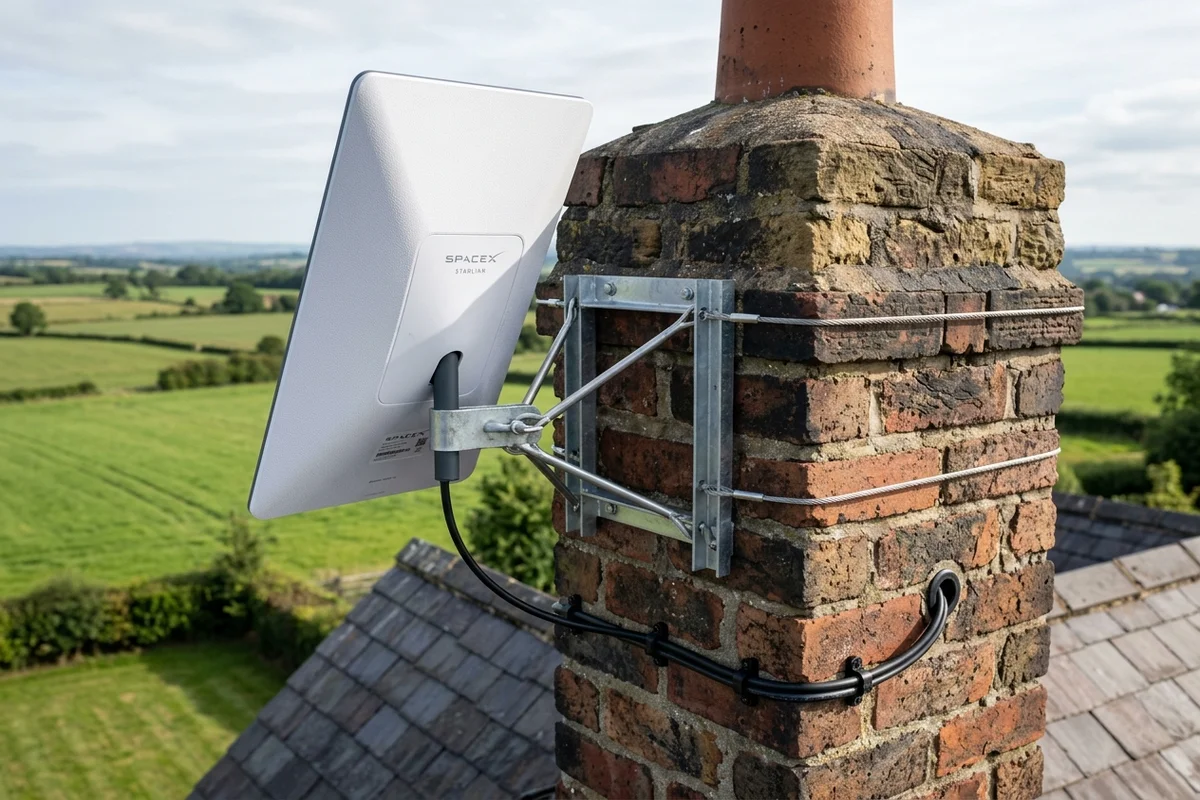 Starlink dish on roof in Garforth on brick chimney with non-drill lashing cradle overlooking town