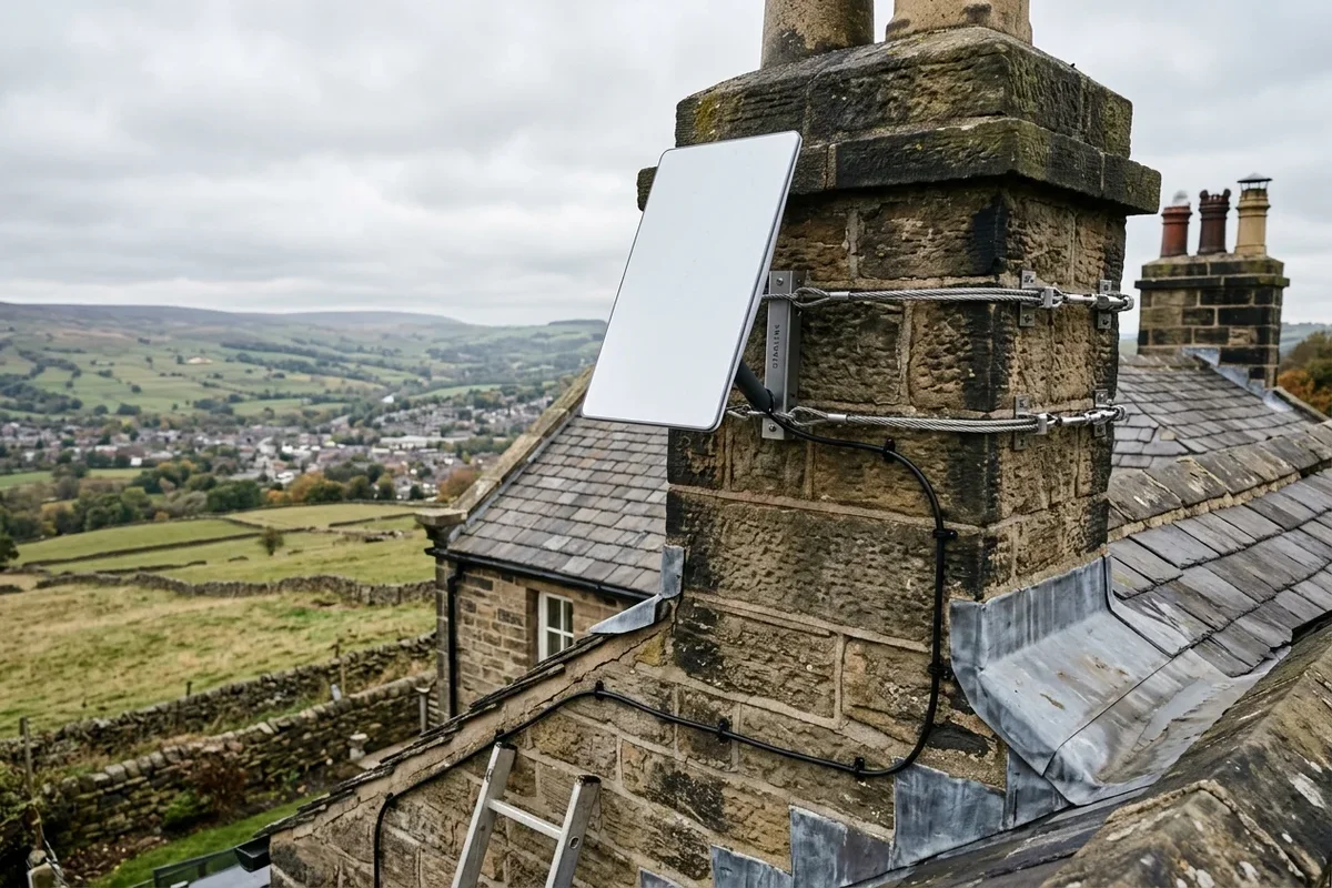 Starlink dish on roof in Gargrave on brick chimney with non-drill lashing cradle overlooking town