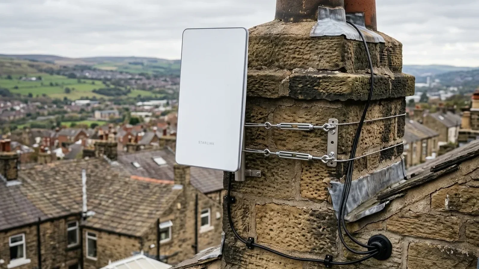 Starlink dish installed on chimney in Gildersome