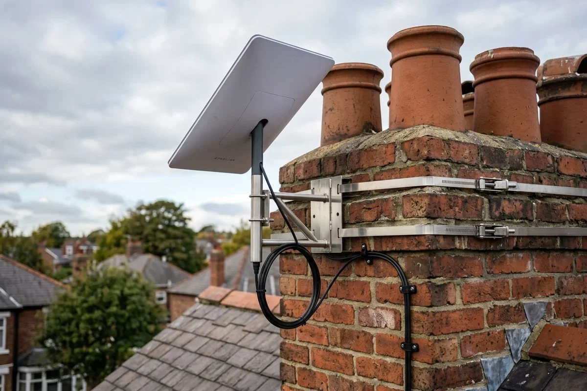 Starlink dish on roof in Gosforth on brick chimney with non-drill lashing cradle overlooking town