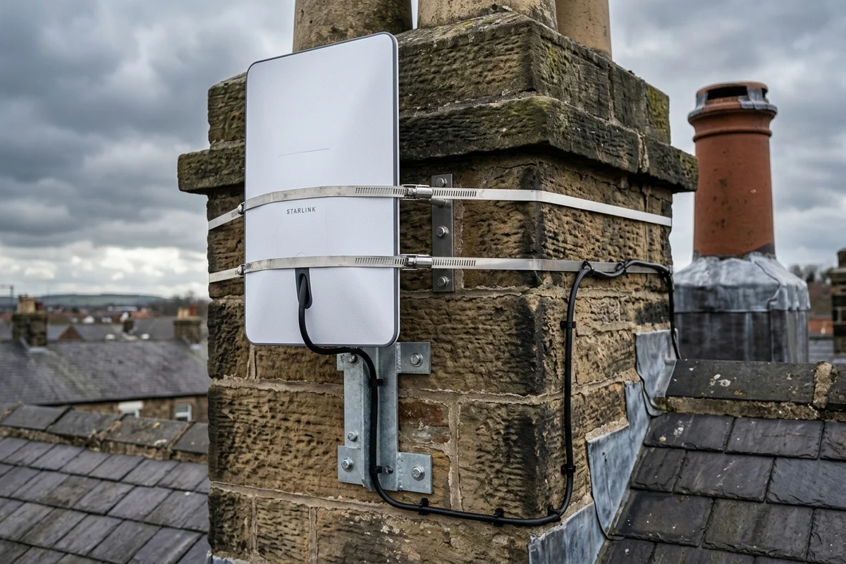 Starlink dish on roof in Guisborough on brick chimney with non-drill lashing cradle overlooking town