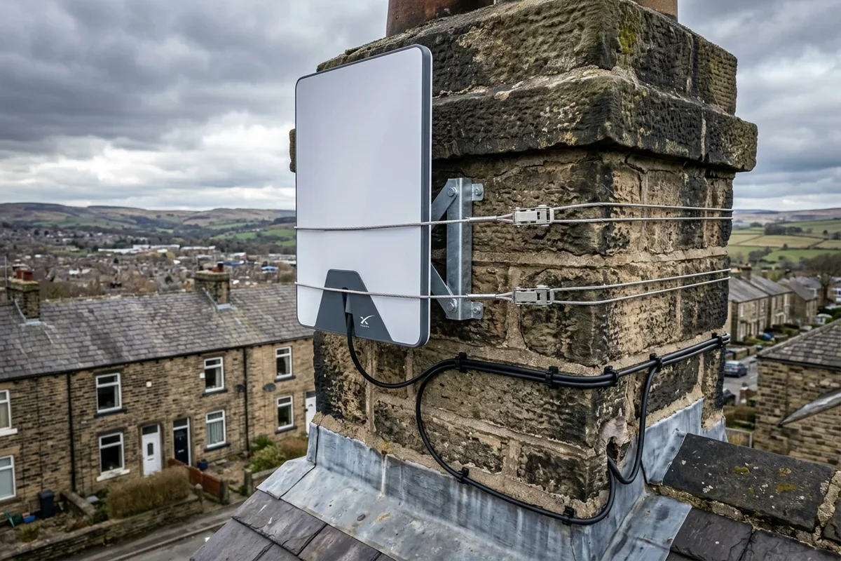 Starlink dish on roof in Guiseley on brick chimney with non-drill lashing cradle overlooking town