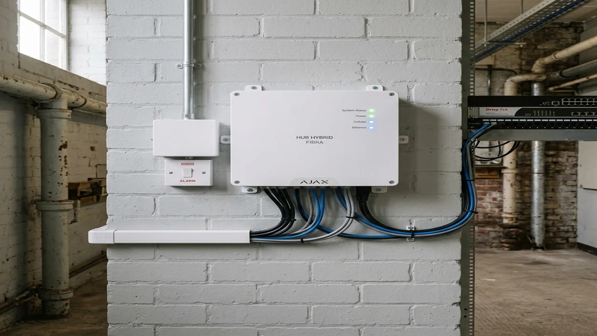Commercial communications rack housing Ajax Hub Hybrid with neatly laced 4-core bus lines in Halifax