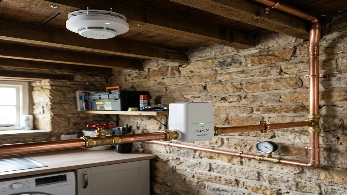 Ajax FireProtect 2 ceiling smoke detector and WaterStop electric smart shutoff valve installed cleanly on copper plumbing in a Halifax home
