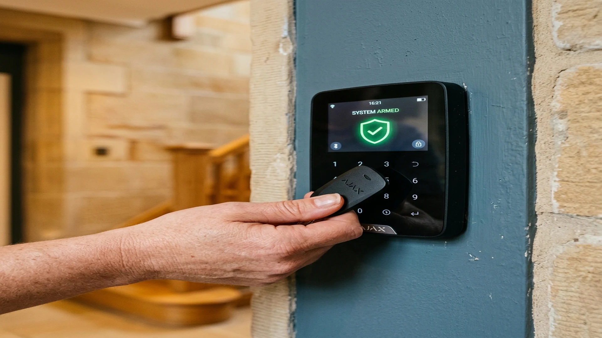 Ajax MotionCam Outdoor wireless detector mounted on weathered West York red brick exterior wall in Halifax