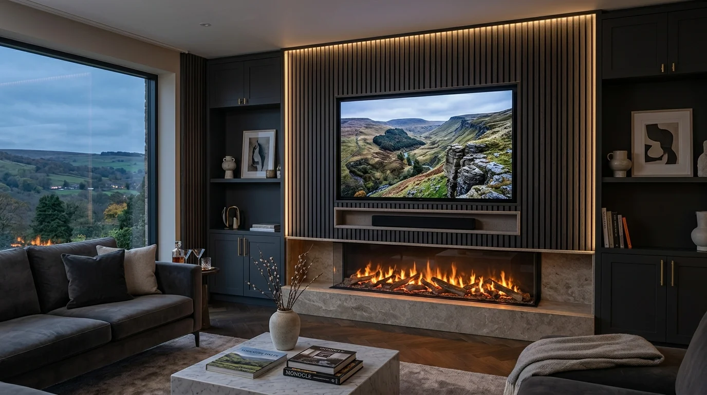 Luxury Acoustic Media Wall TV Installation in Elland with Recessed OLED Display