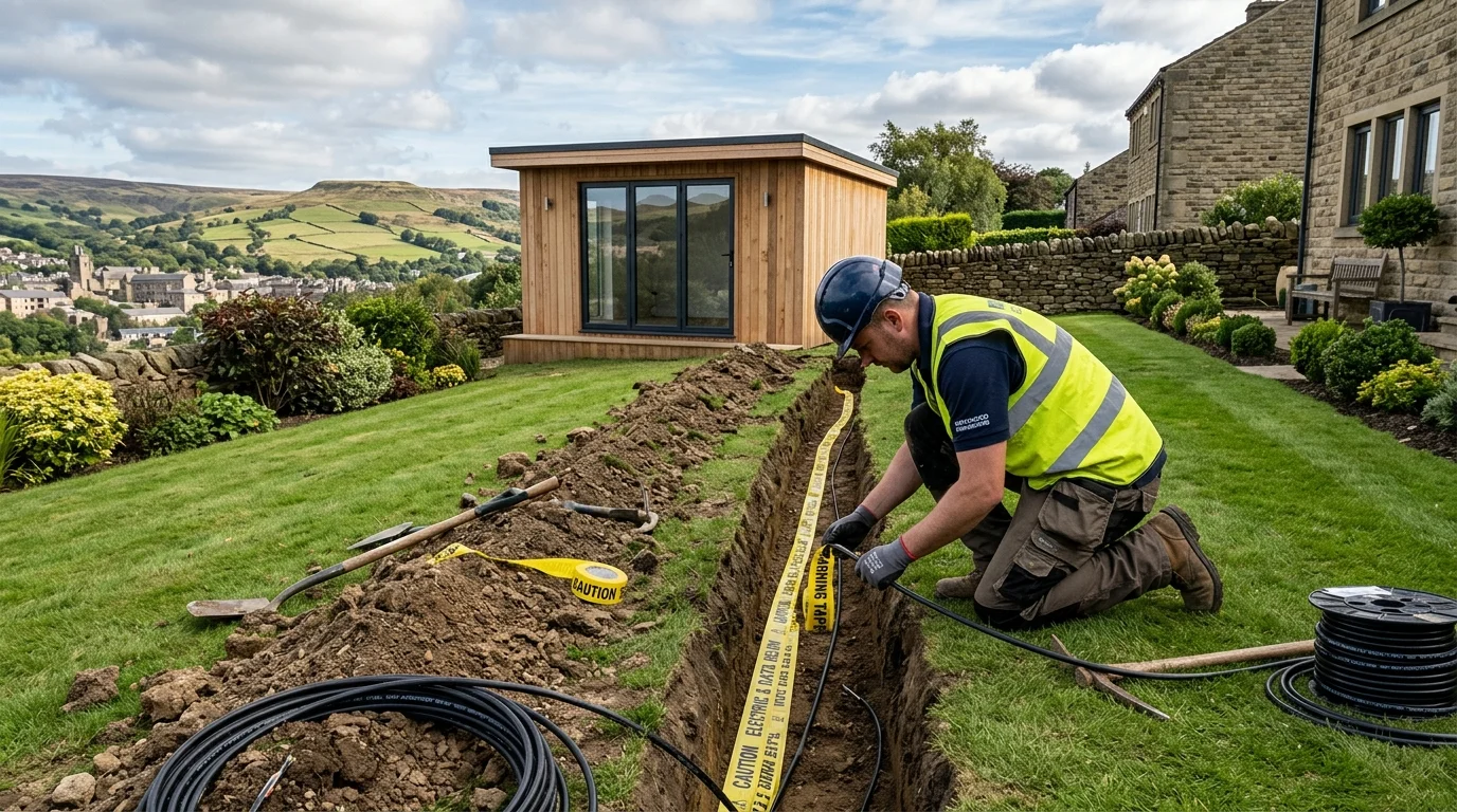Armoured network cable trenching to garden office in Halifax