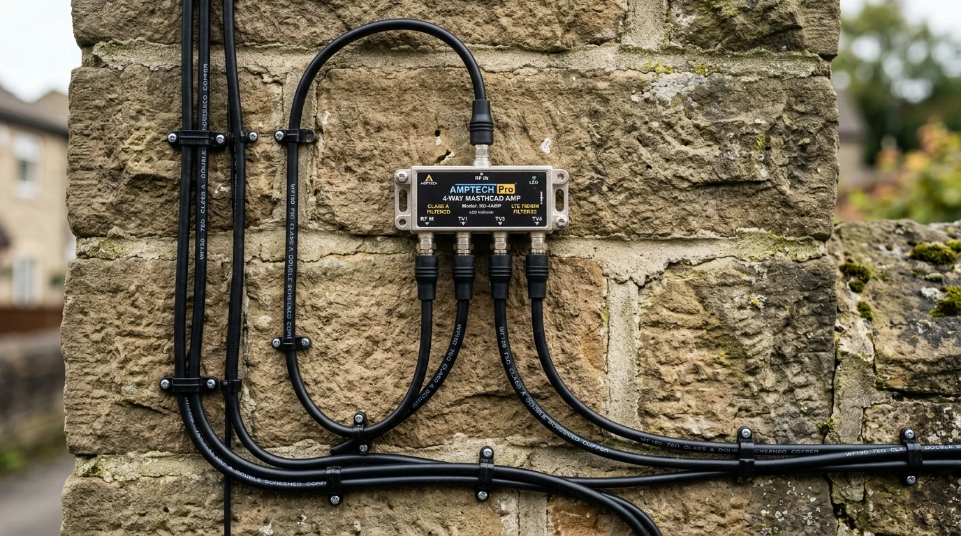 Neatly clipped UV-resistant Cat6a solid copper cable installation along mortar joints in Halifax