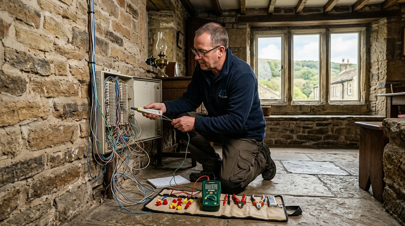 Independent Telephone Engineer troubleshooting telephone wiring in stone mill cottage in Halifax HX1