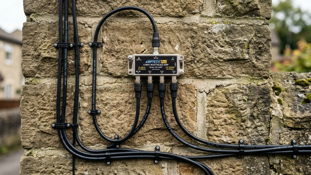 Shielded masthead amplifier and WF100 coax cable routed neatly on Halifax masonry