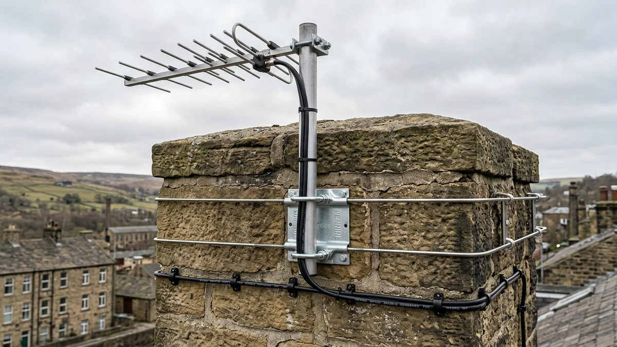 Heavy-duty storm-proof chimney aerial mount in Halifax with double stainless steel lashing wire