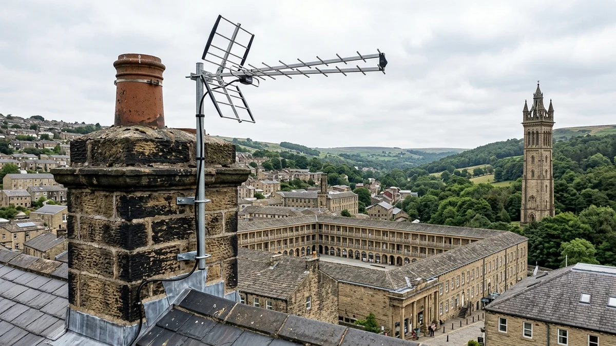 Professional digital TV aerial installation in Copley on traditional British chimney stack with galvanized Pennine storm brackets