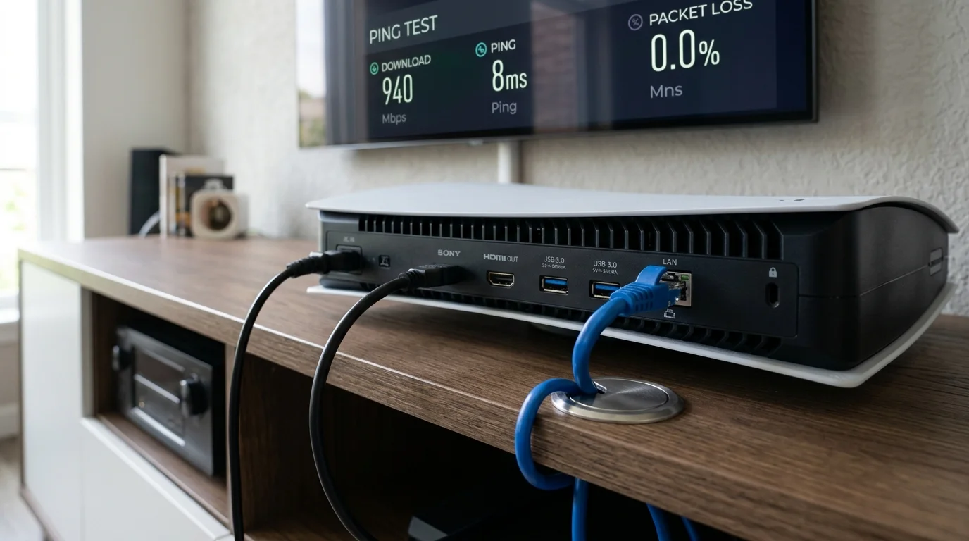 Hardwire Cat6A shielded Ethernet cable plugged into the gigabit LAN port on the back of a PlayStation 5 in Hull