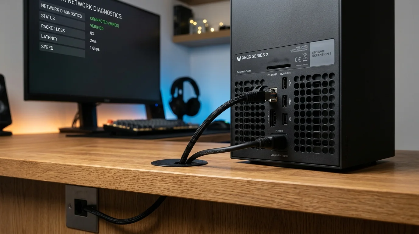 Hardwire Cat6A Ethernet cable plugged into the LAN port on the back of an Xbox Series X console in Hull