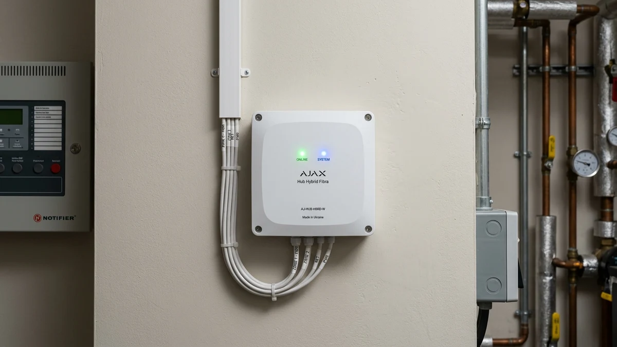 Commercial communications rack housing Ajax Hub Hybrid with neatly laced 4-core bus lines in Masham