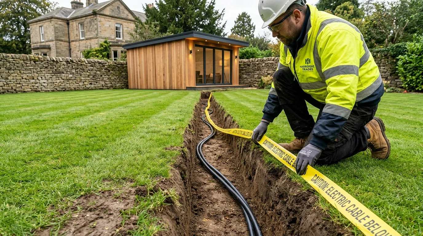 Armoured network cable trenching to garden office in Harrogate