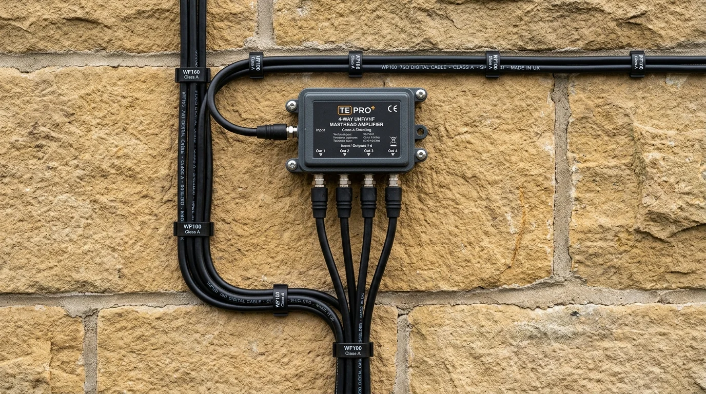 Neatly clipped UV-resistant Cat6a solid copper cable installation along mortar joints in Harrogate