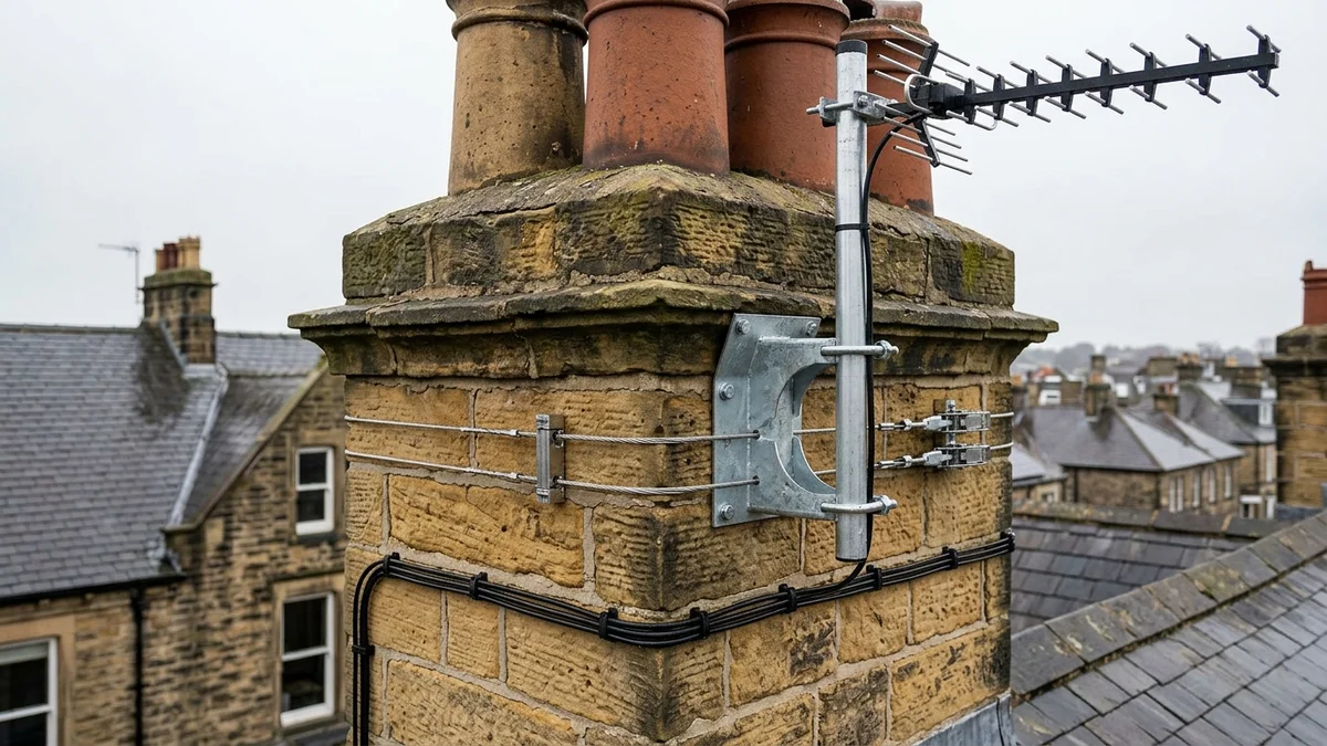 Heavy-duty storm-proof chimney aerial mount in Harrogate with double stainless steel lashing wire