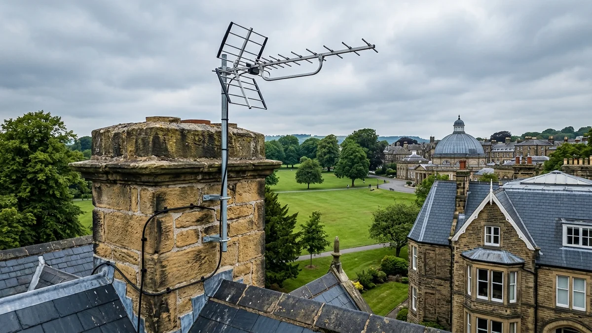 Professional digital TV aerial installation in Killinghall on traditional British chimney stack with galvanized Pennine storm brackets