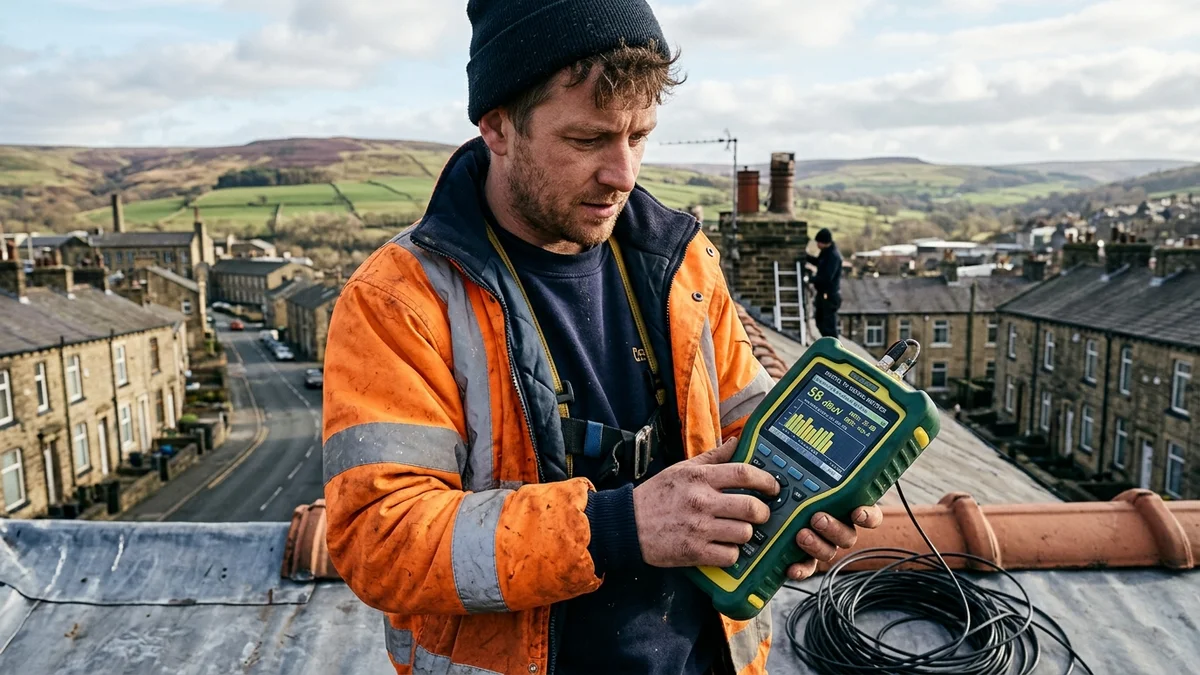 Promax RF digital signal spectrum analyzer verifying DVB-T2 Freeview signal in Harrogate