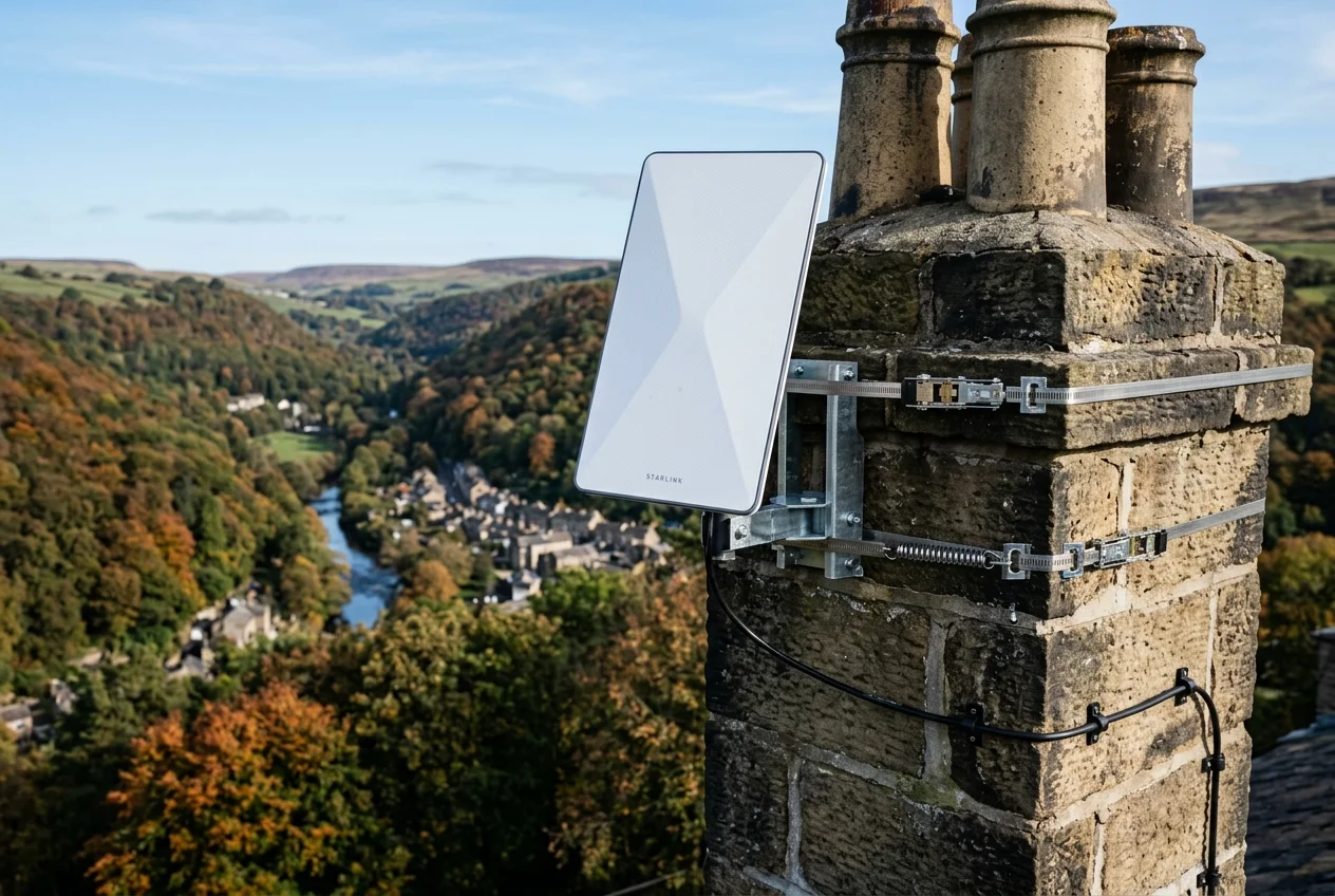 Starlink dish on roof in Hebden Bridge on brick chimney with non-drill lashing cradle overlooking town