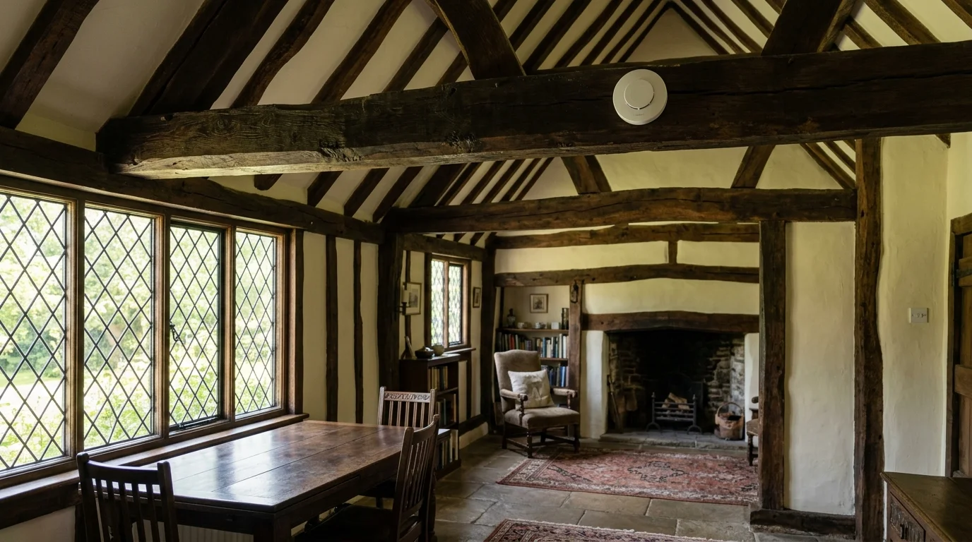 Discrete wireless fire detector installed on historic timber ceiling beam