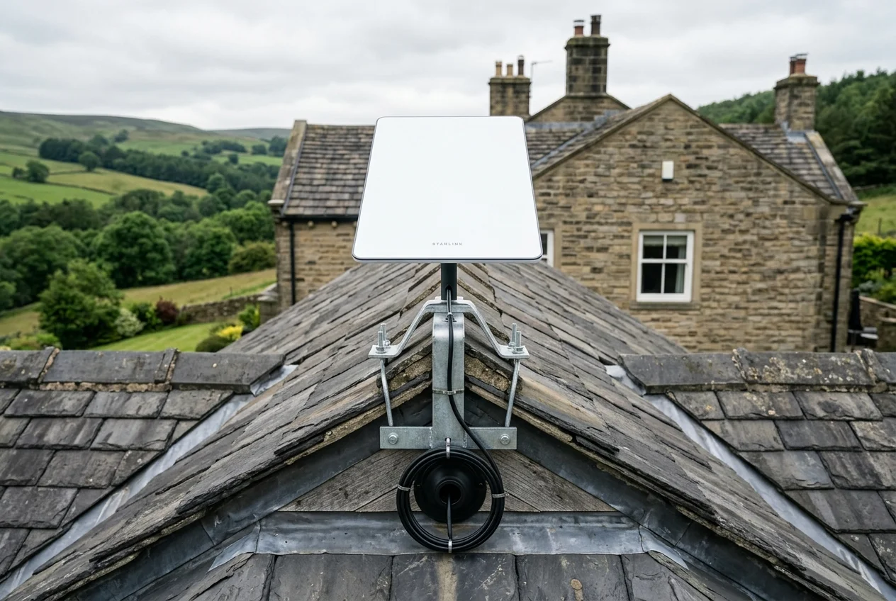 Starlink dish on roof in Hipperholme on brick chimney with non-drill lashing cradle overlooking town