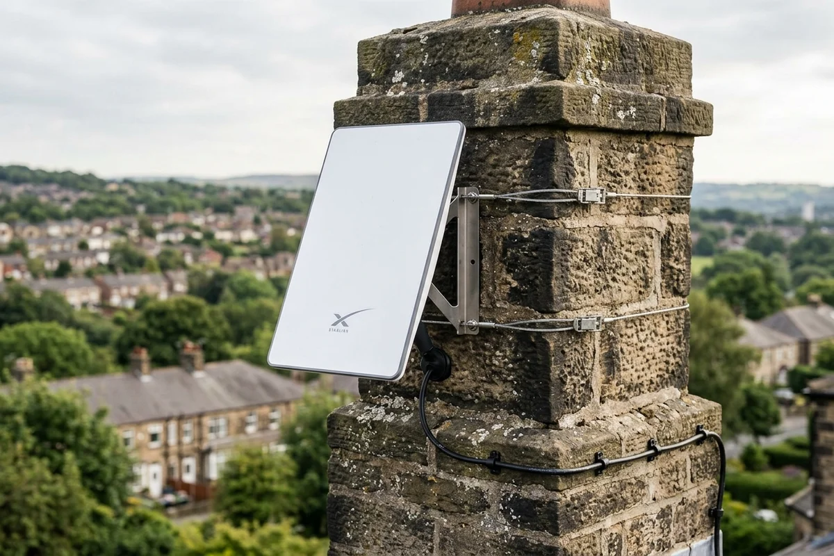 Starlink dish on roof in Horsforth on brick chimney with non-drill lashing cradle overlooking town