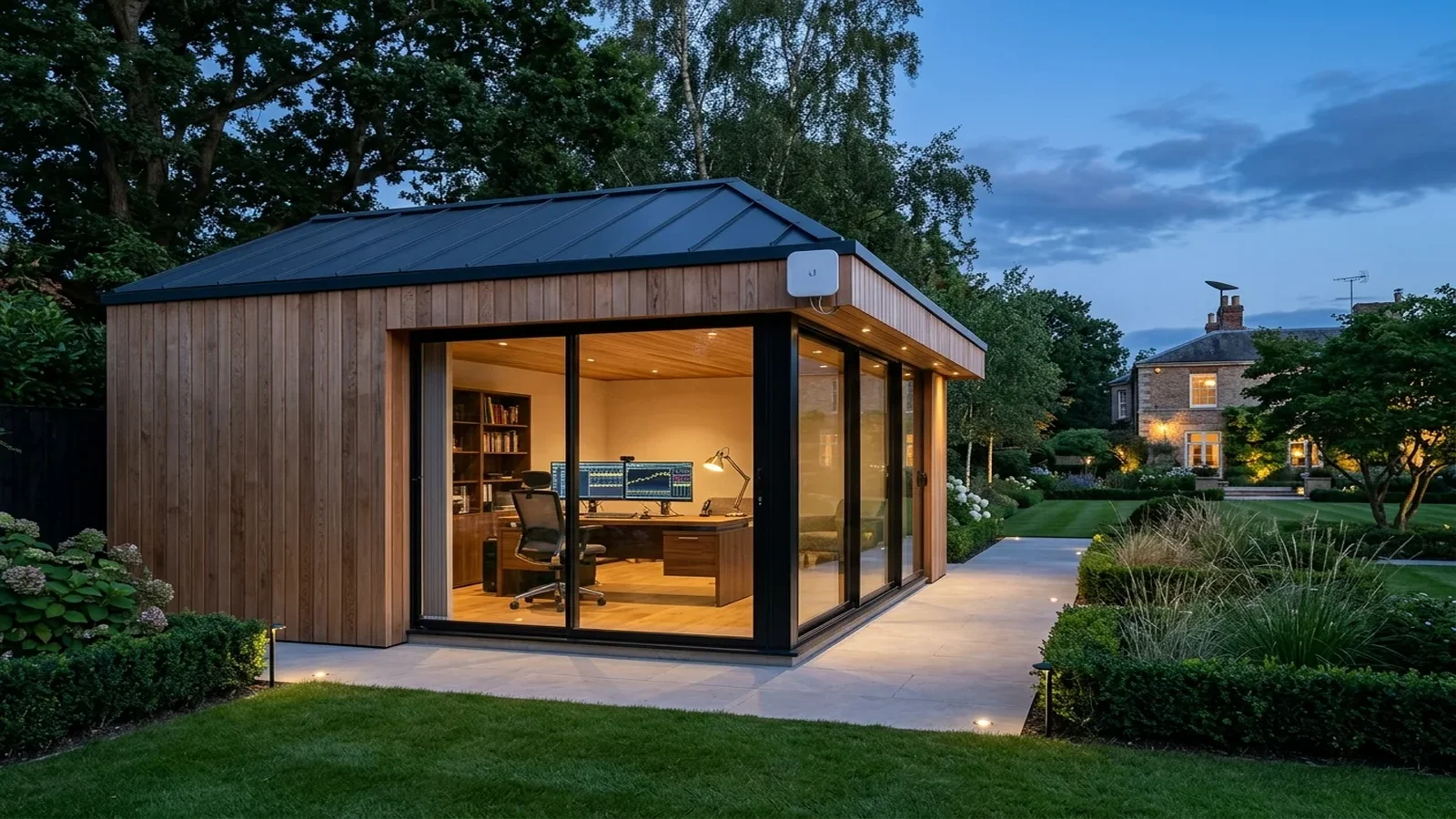 High-gain 5GHz directional wireless bridge mounted on UK house beaming Wi-Fi to garden shed office