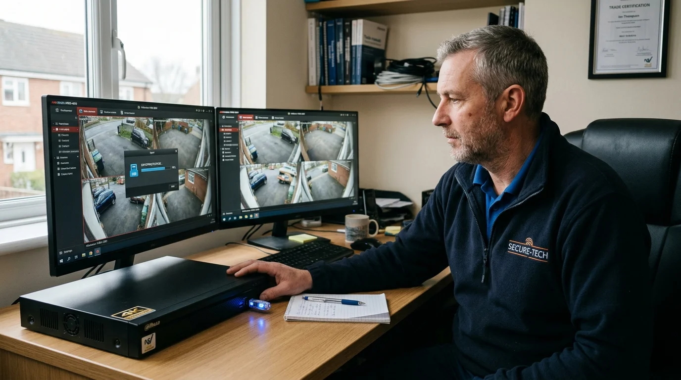 Surveillance systems engineer reviewing CCTV video playback on dual monitors and exporting incident footage to a USB drive from an NVR recorder