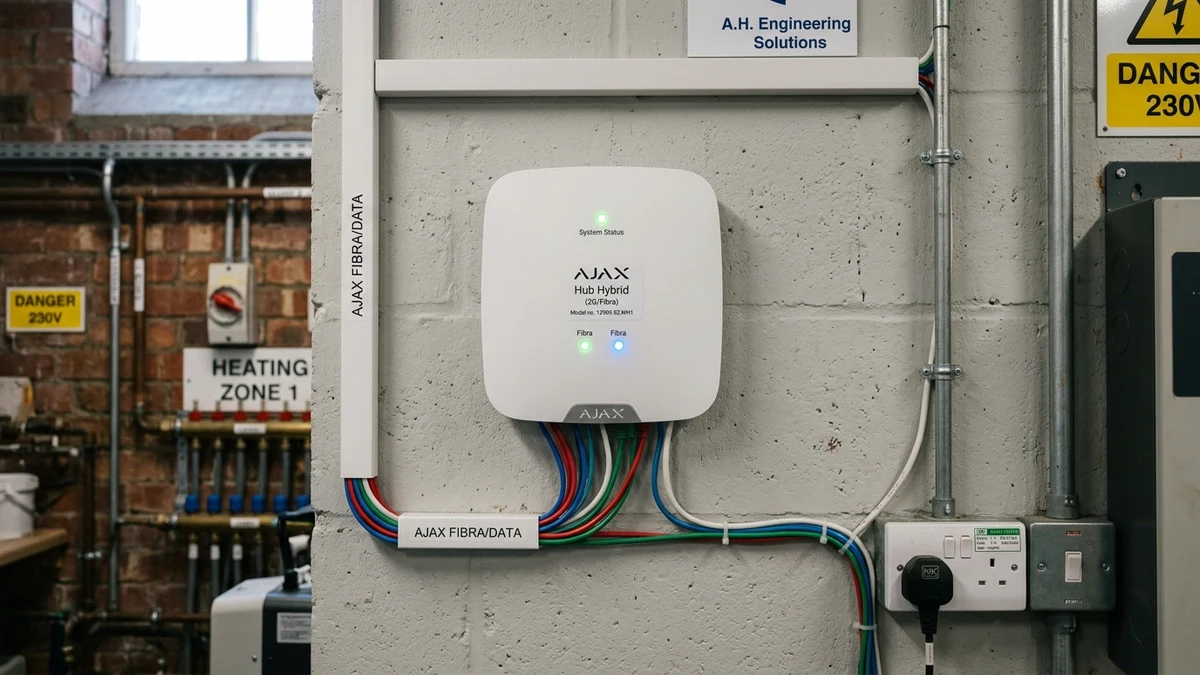 Commercial communications rack housing Ajax Hub Hybrid with neatly laced 4-core bus lines in Huddersfield