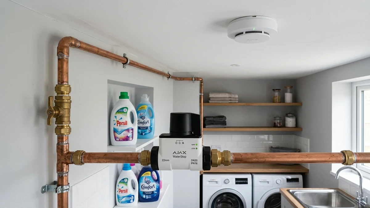 Ajax FireProtect 2 ceiling smoke detector and WaterStop electric smart shutoff valve installed cleanly on copper plumbing in a Huddersfield home