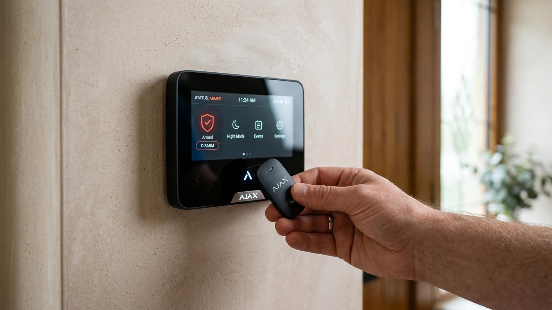 Ajax MotionCam Outdoor wireless detector mounted on weathered West York red brick exterior wall in Huddersfield