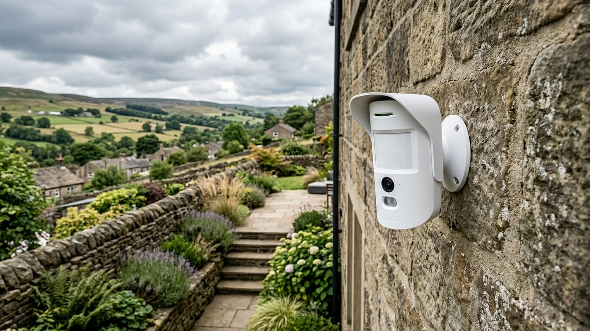 Ajax MotionCam Outdoor mounted on exterior brickwork monitoring a Huddersfield residential driveway