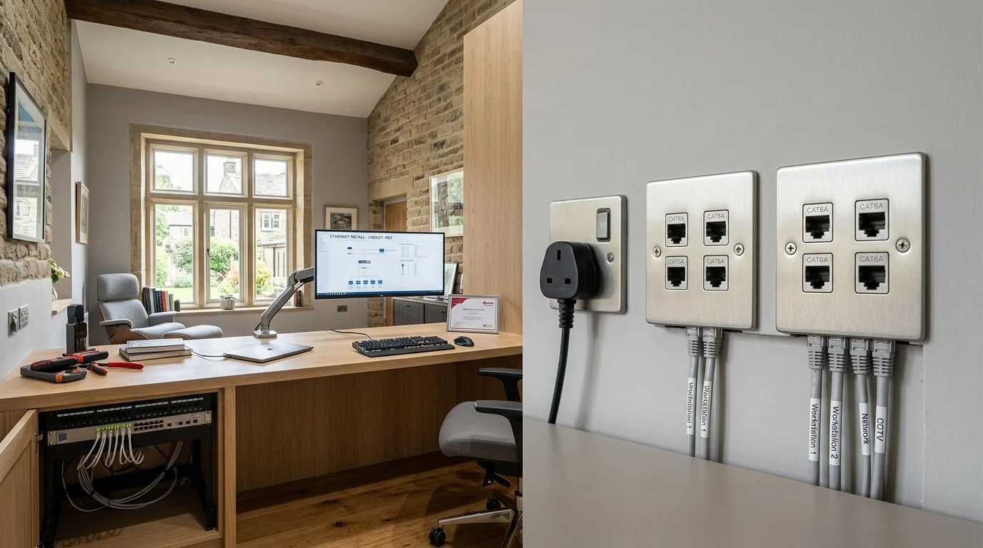 Domestic home network cabling with clean flush-mounted Ethernet wall sockets in a Huddersfield home