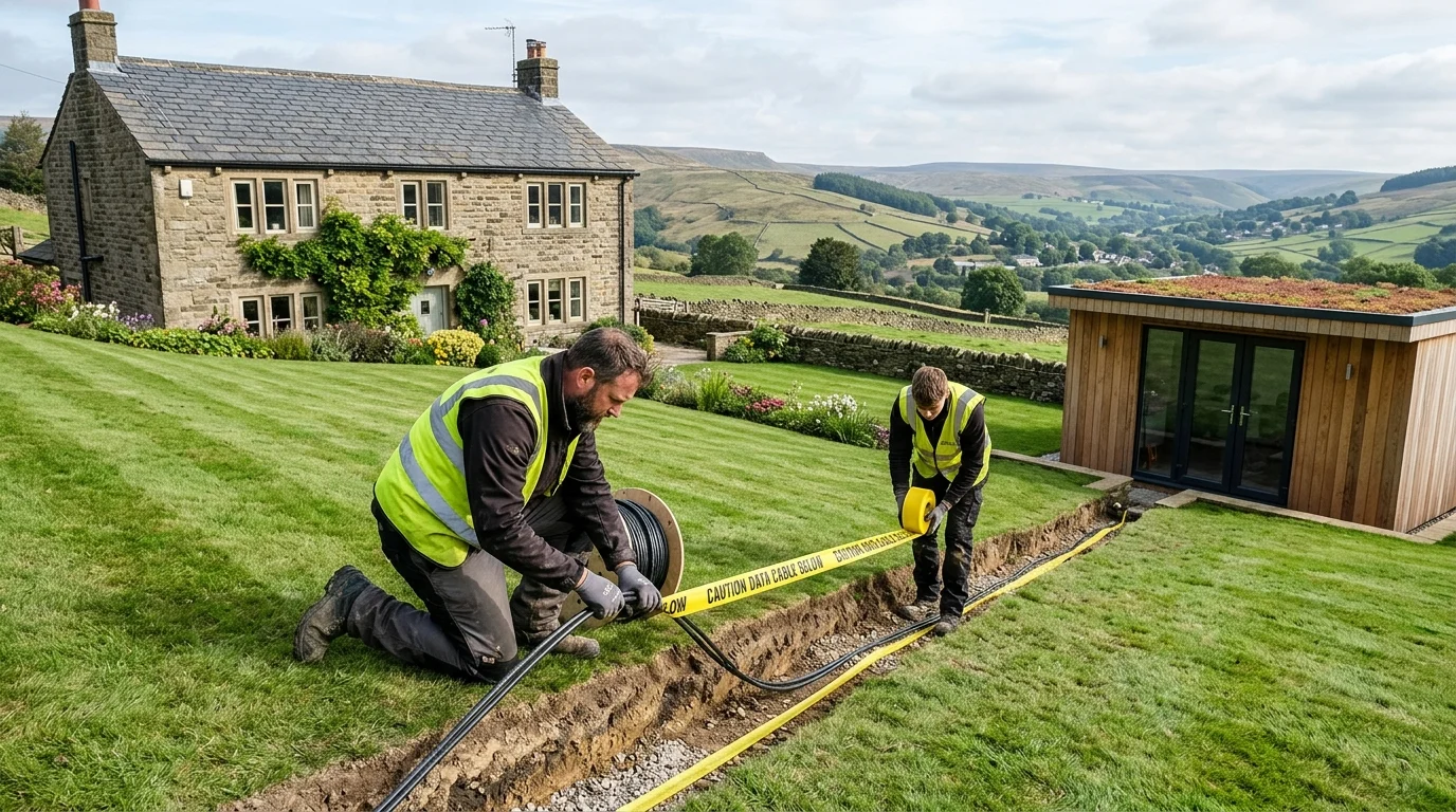 Armoured network cable trenching to garden office in Huddersfield