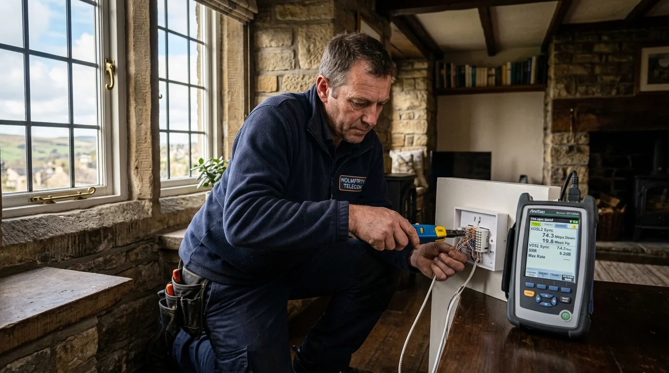 Independent Telephone Engineer disconnecting bell-wire ring circuit in stone cottage in Holmfirth Huddersfield