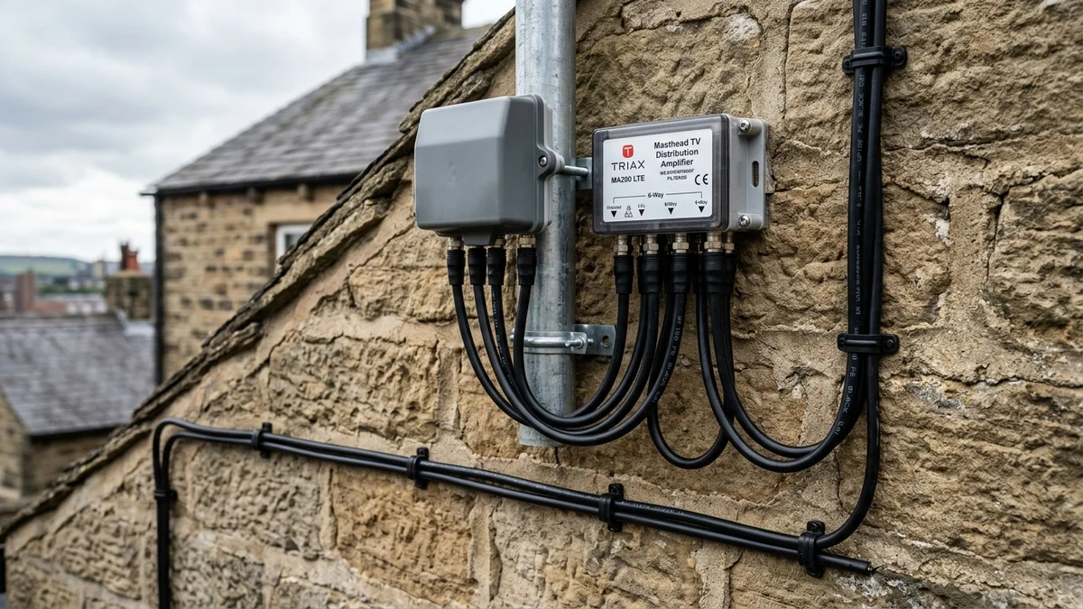 Shielded masthead amplifier and WF100 coax cable routed neatly on Huddersfield masonry