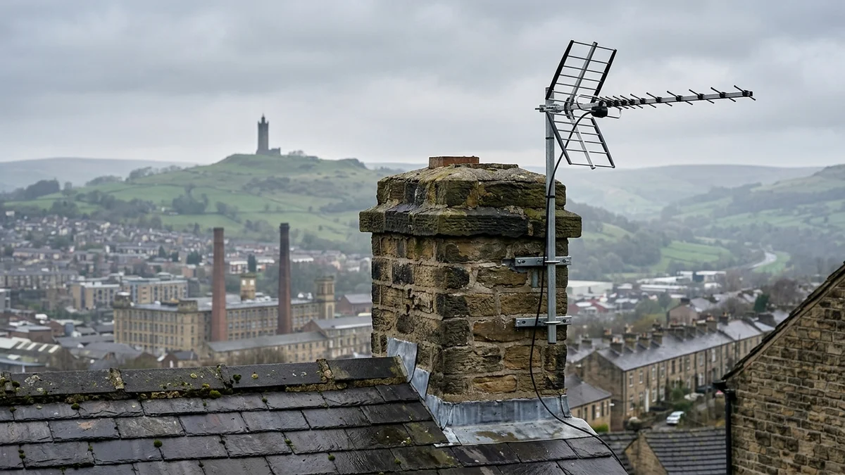 Professional digital TV aerial installation in Marsh on traditional British chimney stack with galvanized Pennine storm brackets