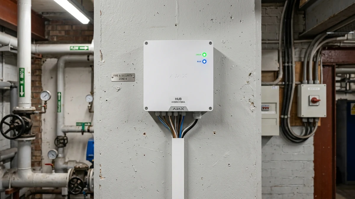 Commercial communications rack housing Ajax Hub Hybrid with neatly laced 4-core bus lines in Hull