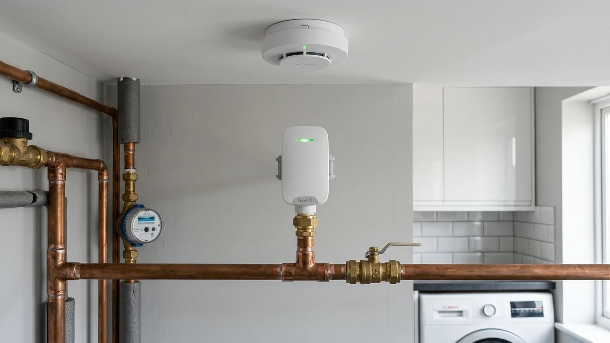 Ajax FireProtect 2 ceiling smoke detector and WaterStop electric smart shutoff valve installed cleanly on copper plumbing in a Hull home