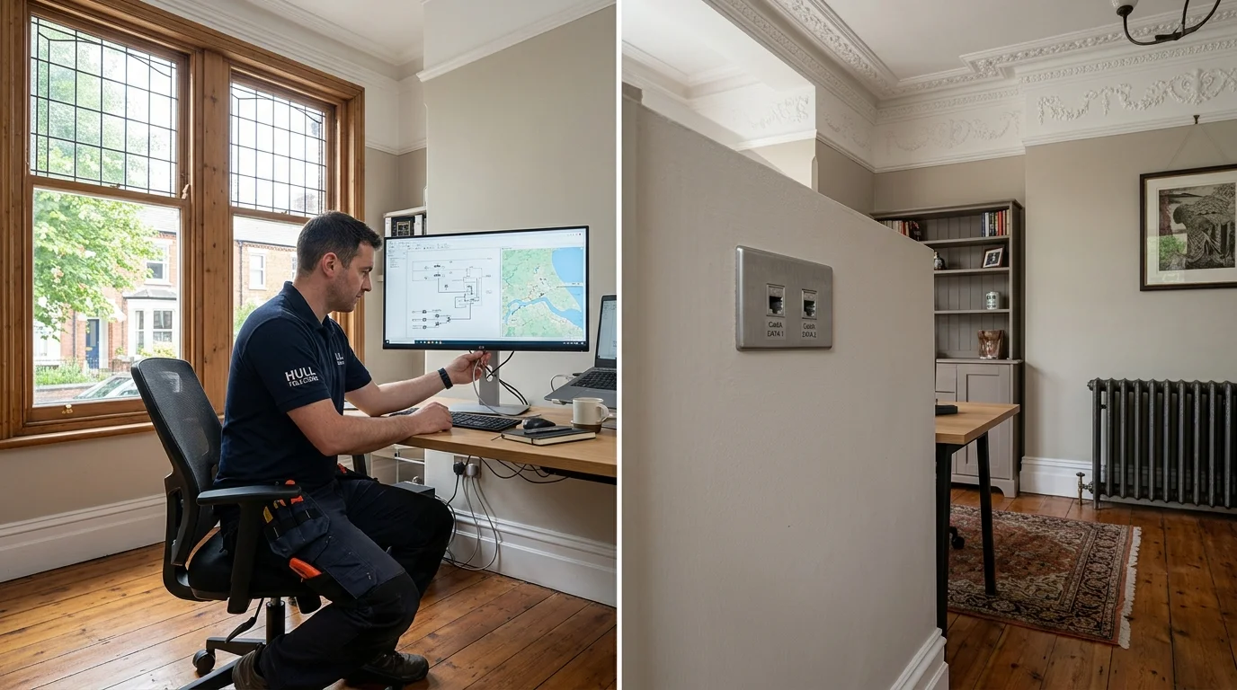 Domestic home network cabling with clean flush-mounted Ethernet wall sockets in a Hull home