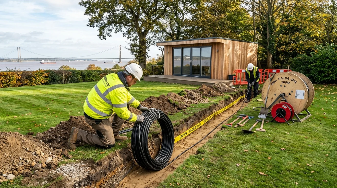 Armoured network cable trenching to garden office in Hull
