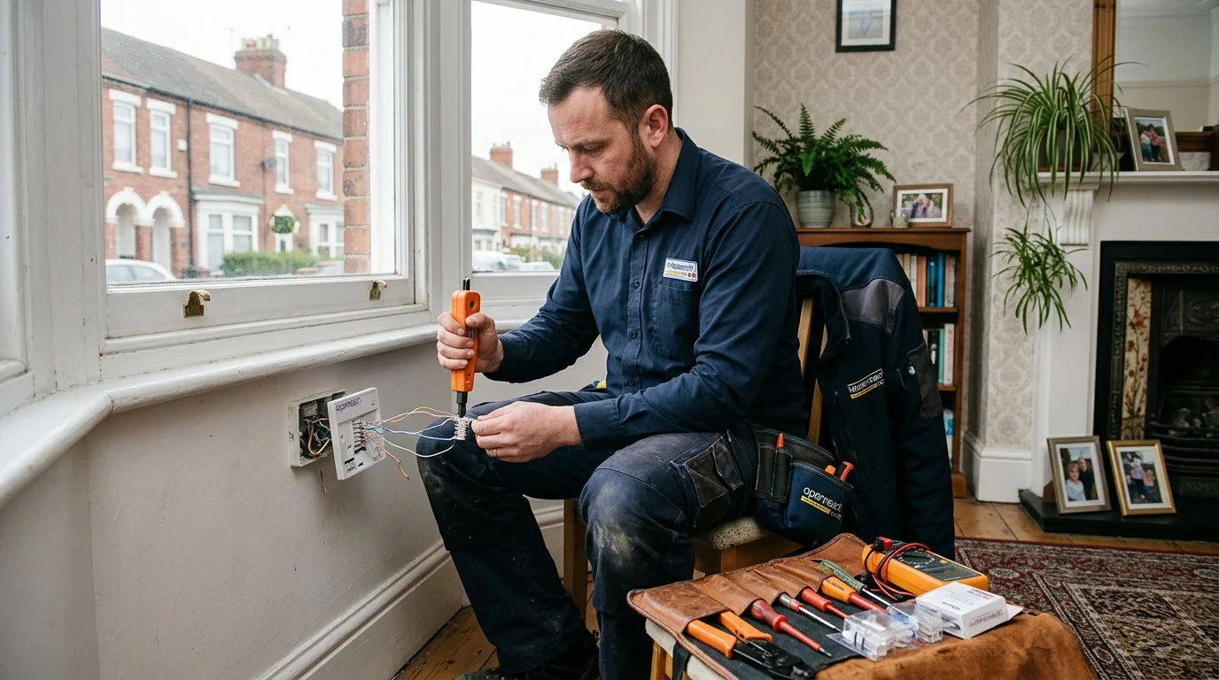 Independent Telephone Engineer working on master telephone socket in The Avenues Hull HU5