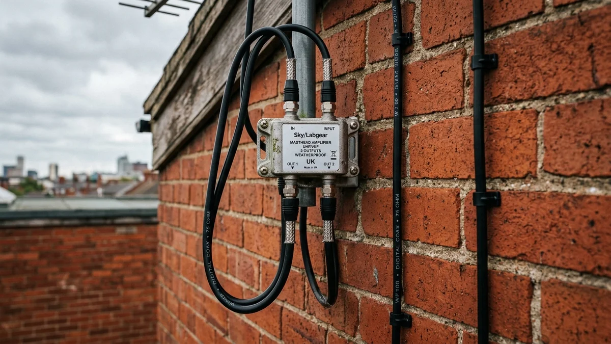Shielded masthead amplifier and WF100 coax cable routed neatly on Hull masonry