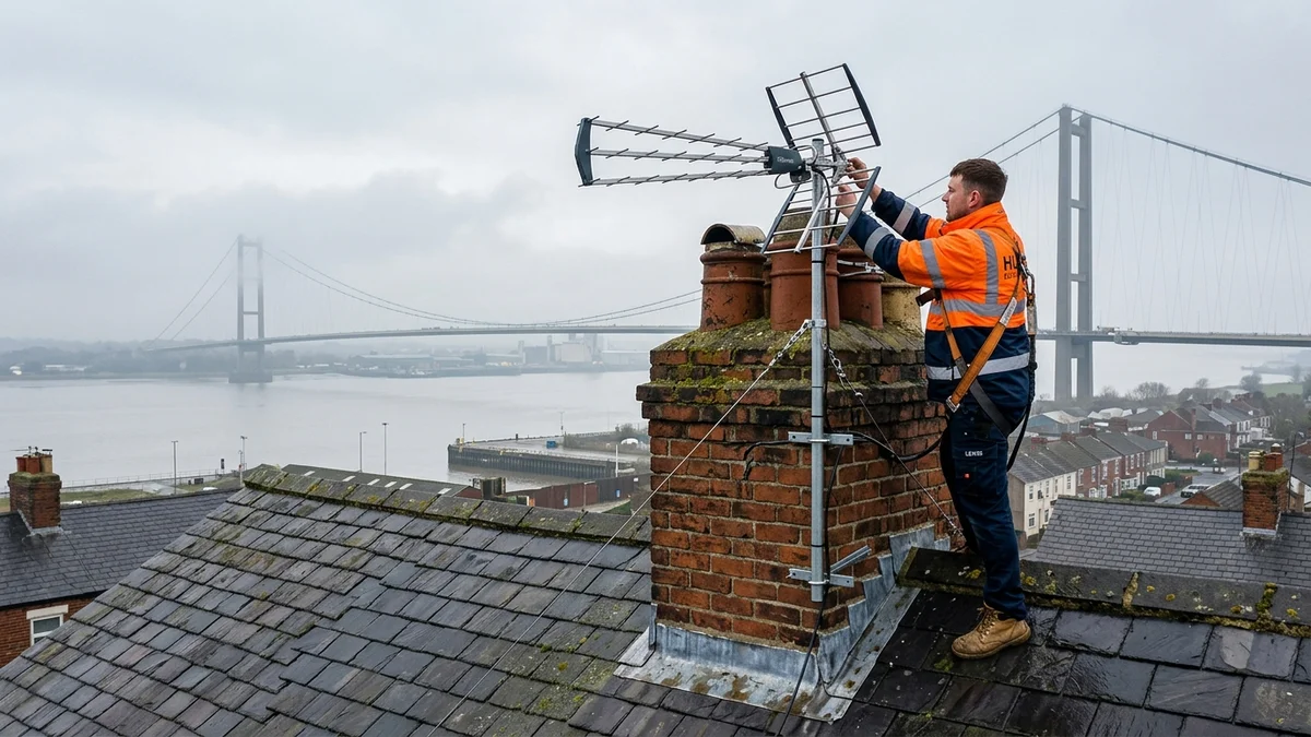 Professional digital TV aerial installation in Brough on traditional British chimney stack with galvanized Pennine storm brackets