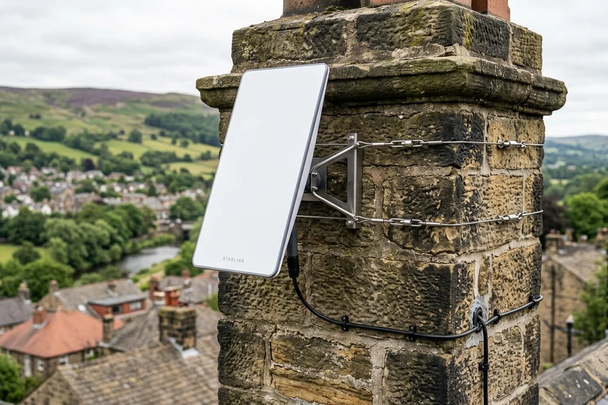 Starlink dish on roof in Ilkley on brick chimney with non-drill lashing cradle overlooking town
